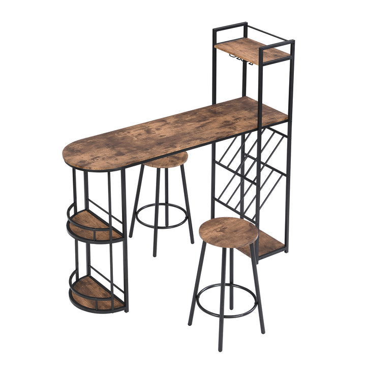 3 Piece Industrial Bar Table Set with Wine Rack and Side Storage