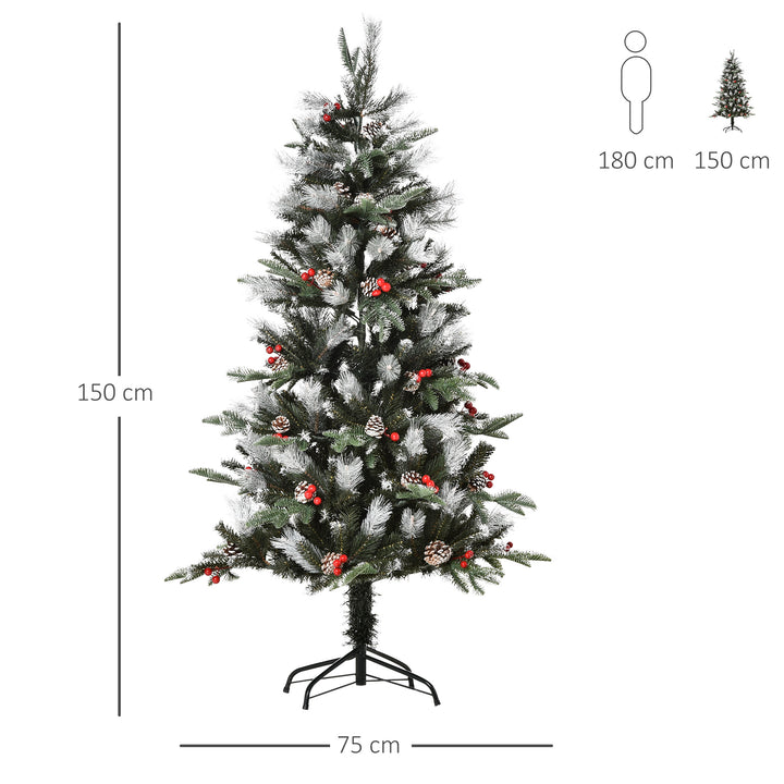 5FT Artificial Snow Dipped Christmas Tree Xmas Pencil Tree Holiday Home Party Decoration w/ Foldable Feet Berries Pinecones