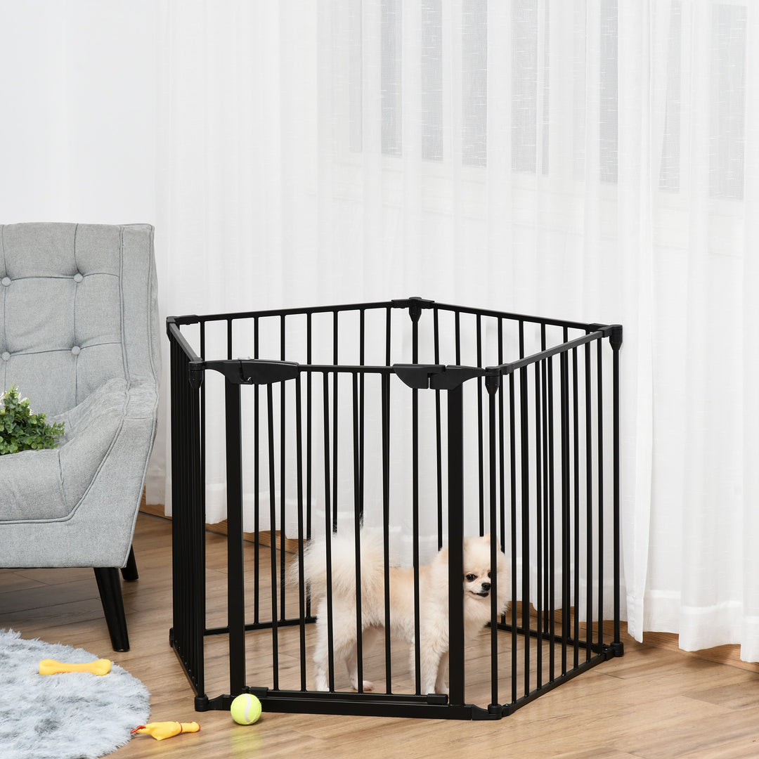 Stair Gate Dog Pens Pet PlayPen 5-Panel Freestanding Fireplace Christmas Tree Metal Fence Stair Barrier Room Divider w/ Door