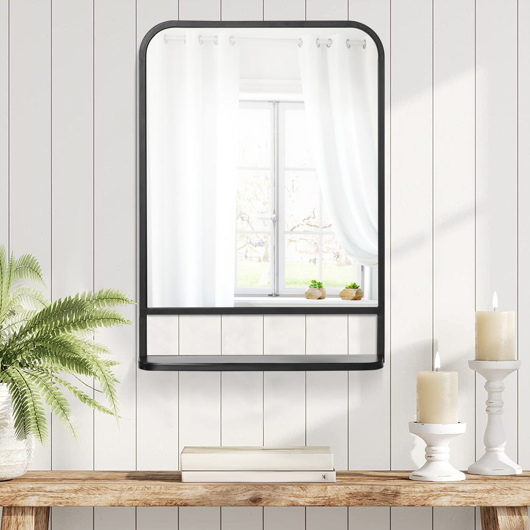 Black Rectangle Mirror Rectangular Wall Mirror with Storage Shelf for Fireplace/Entryway/Hallway/Living Room