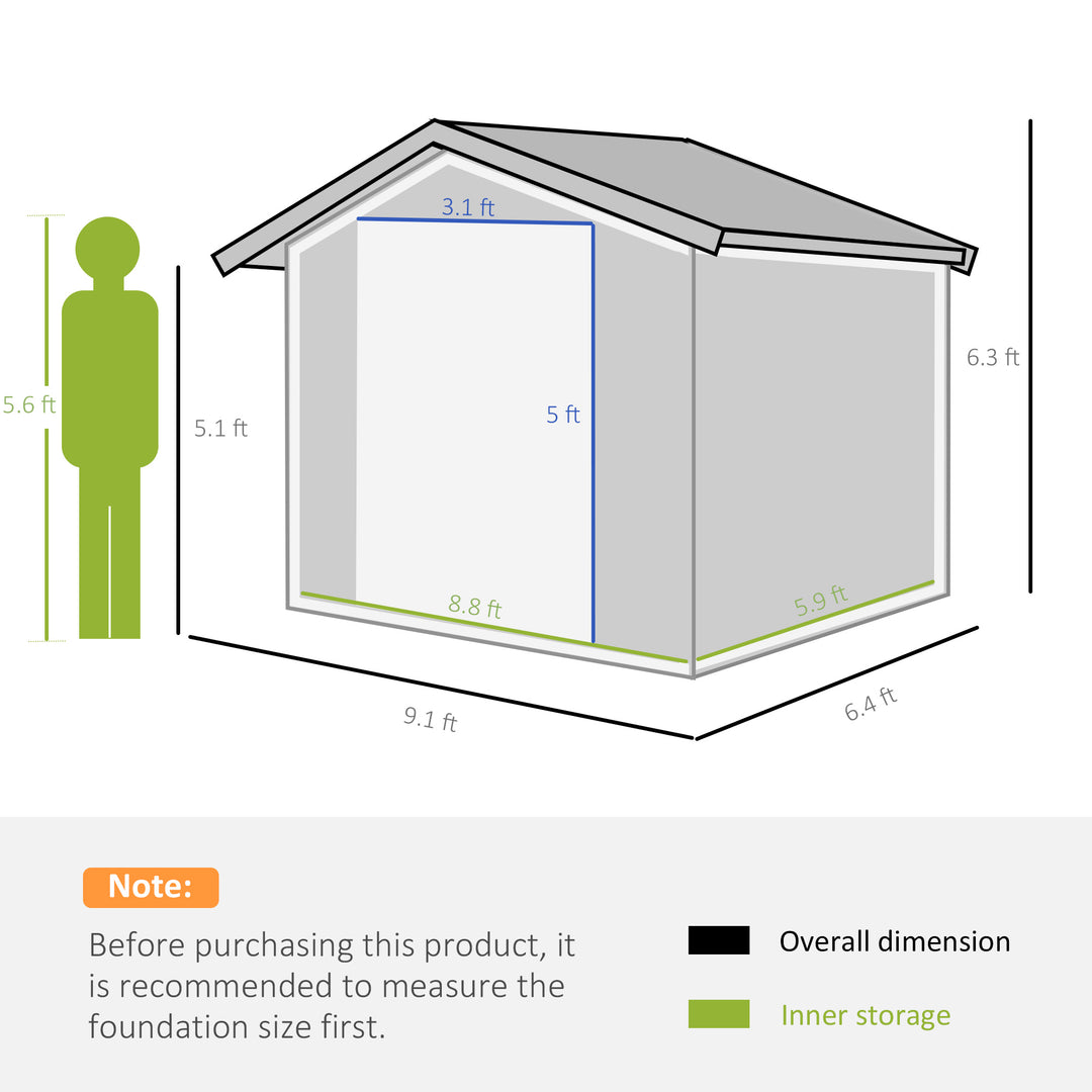 9 x 6FT Outdoor Garden Roofed Metal Storage Shed Tool Box with Foundation Ventilation & Doors