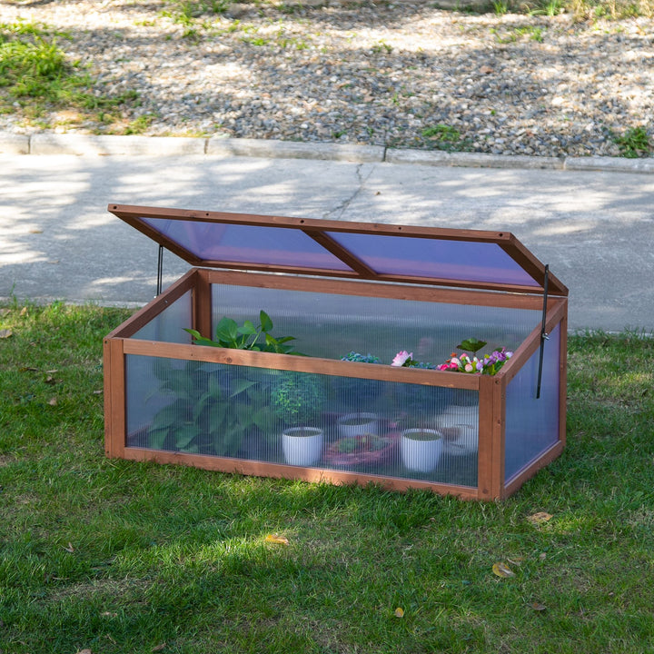 Wooden Framed Polycarbonate Cold Frame Greenhouse for Plants Outdoor w/ Openable & Tilted Top Cover