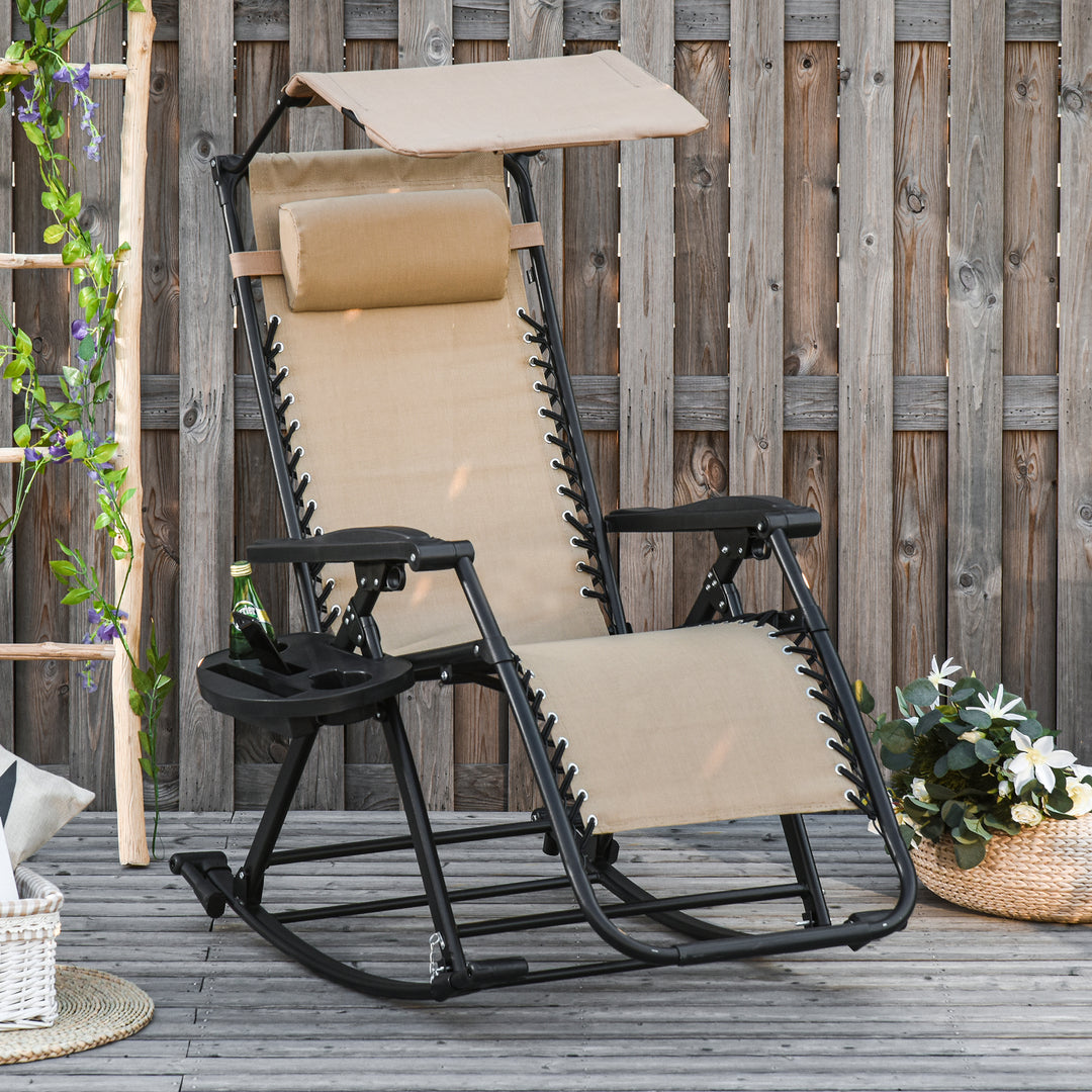 Garden Rocking Chair Folding Recliner Outdoor Adjustable Sun Lounger Rocker Zero-Gravity Seat w/ Headrest Side Holder Patio