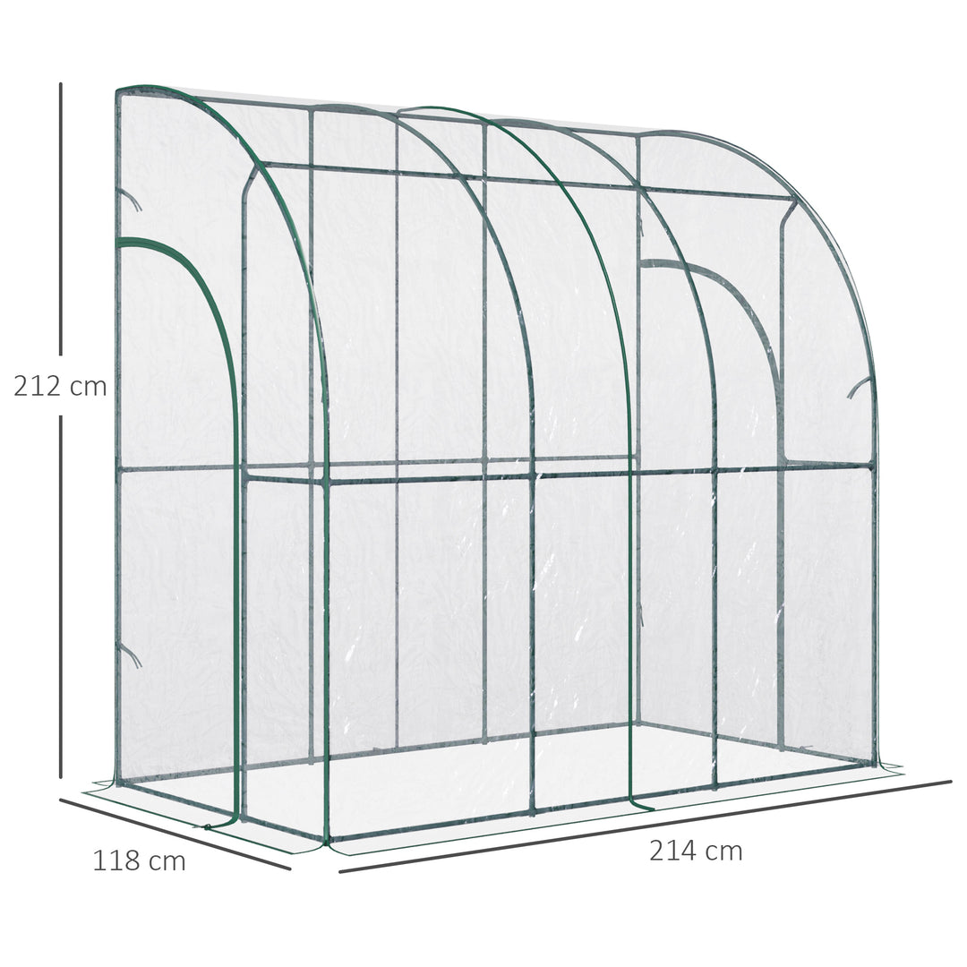 Outdoor Walk-In Lean to Wall Tunnel Greenhouse with Zippered Roll Up Door PVC Cover Sloping Top