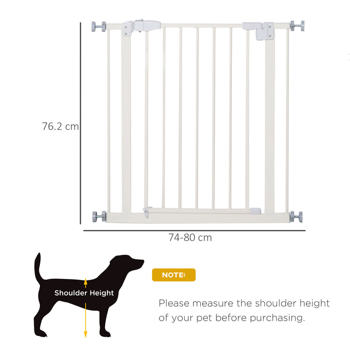 Pet Metal Safety Gate Pressure Fitted Stair Barrier for Dog Expandable Fence w/ Auto-Close Door Double Locking System 74-84cm White