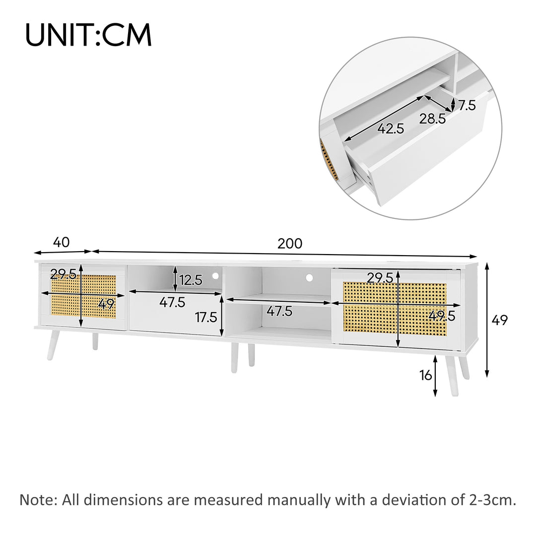 Modern Oak Rattan TV Cabinet Stand with 3 Open Storage Spaces and Cable Management