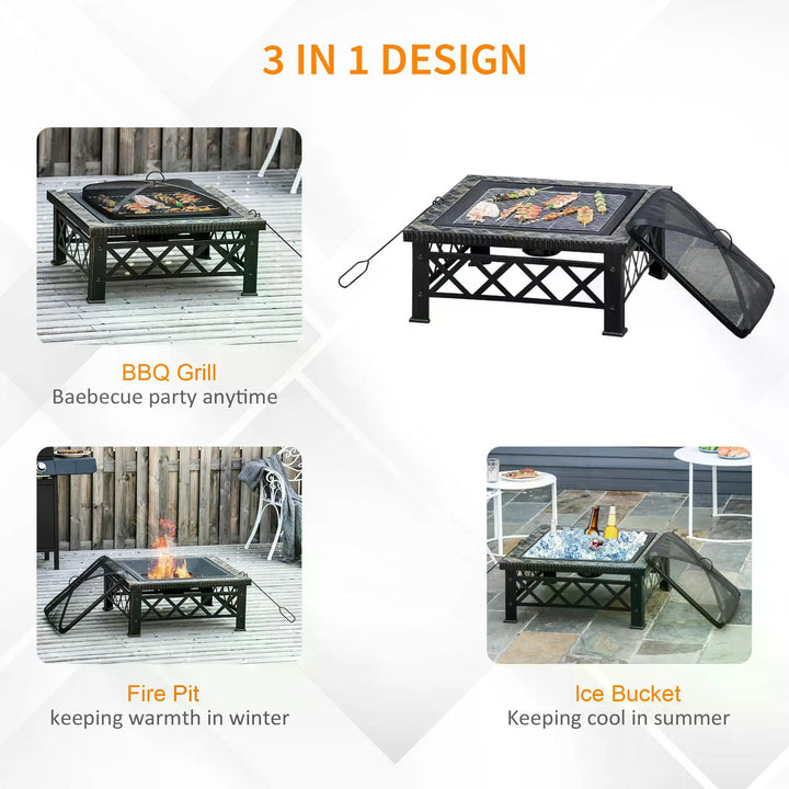 3 in 1 Square Fire Pit Square Table Metal Brazier for Garden