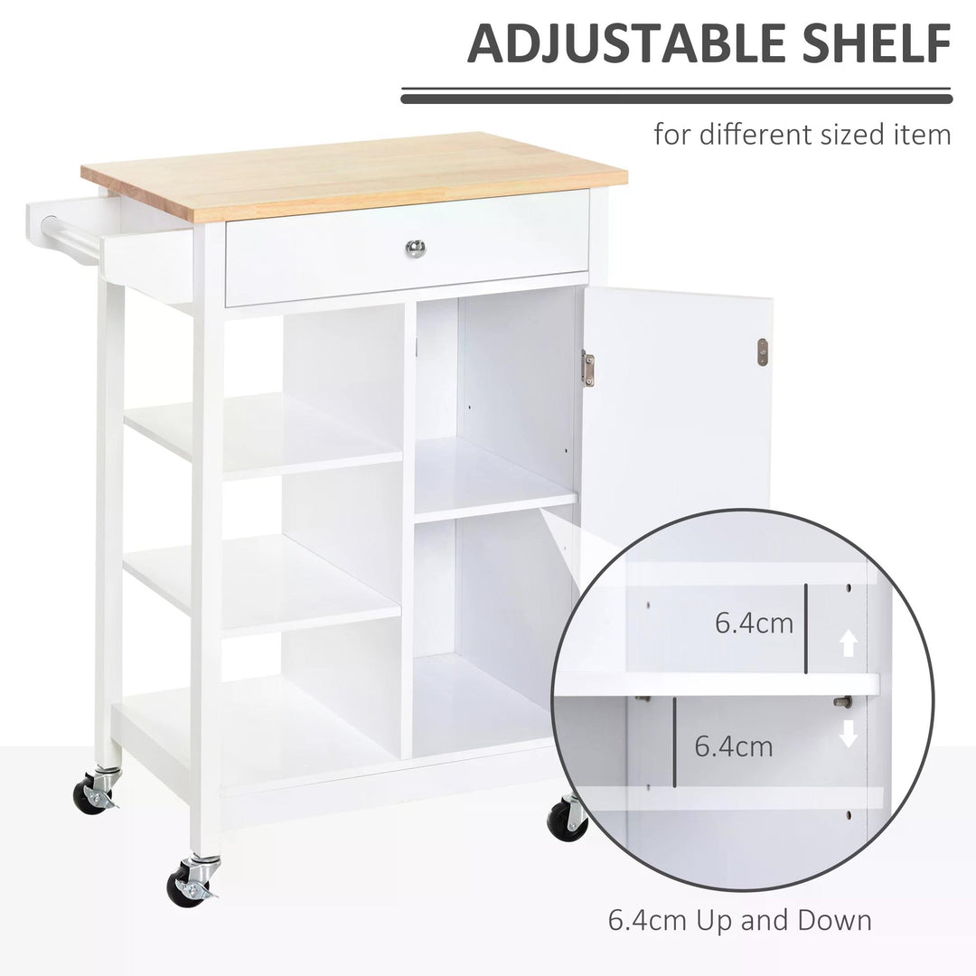 Kitchen Storage Trolley Unit w/ Wood Top 3 Shelves Cupboard Drawer Rail 4 Wheels Handles Moving Shelf Handy Spacesaver White