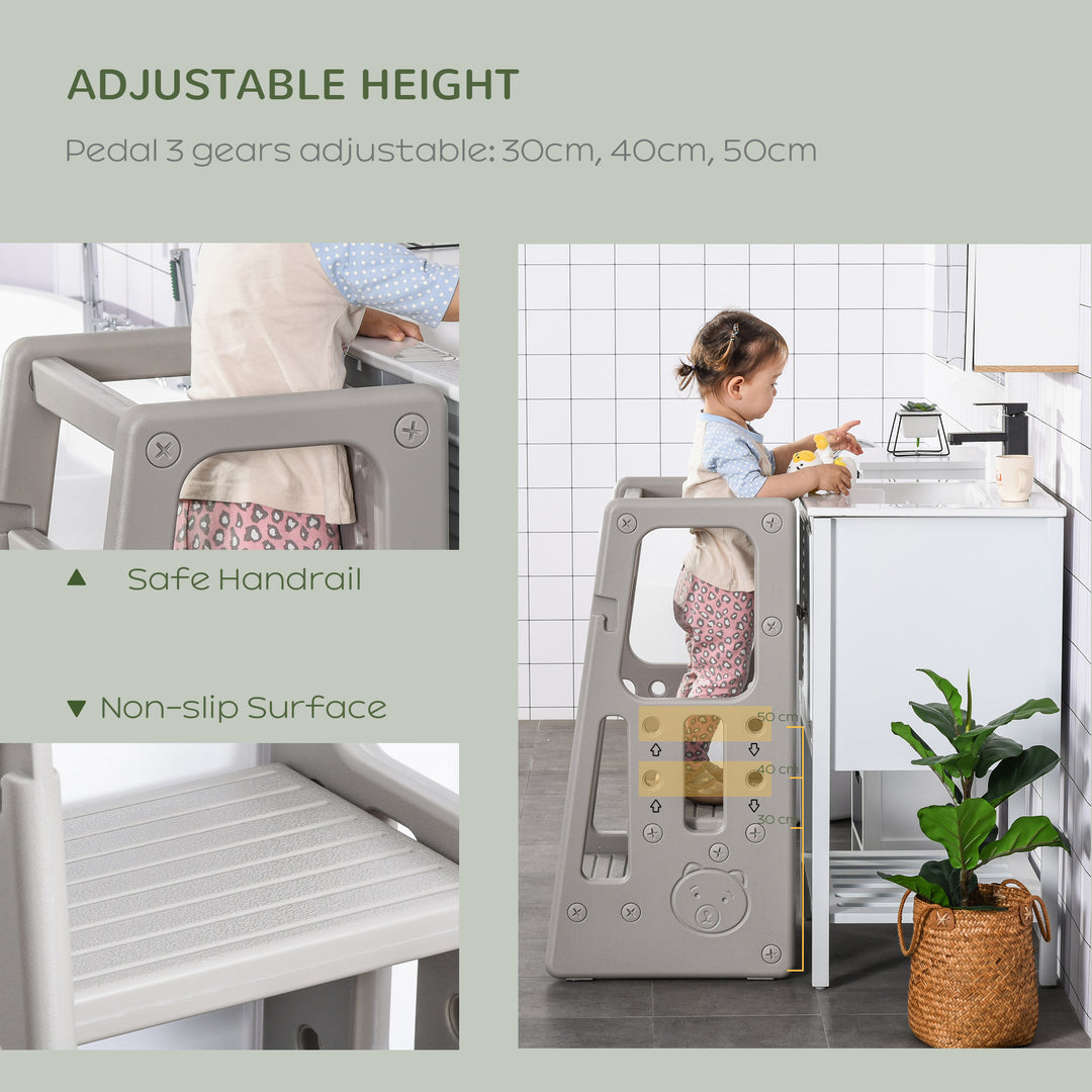 Kids Step Stool Adjustable Standing Platform Toddler Kitchen Stool -Standing Tower for Kitchen Counter Learning Platform w/ Three Heights Grey