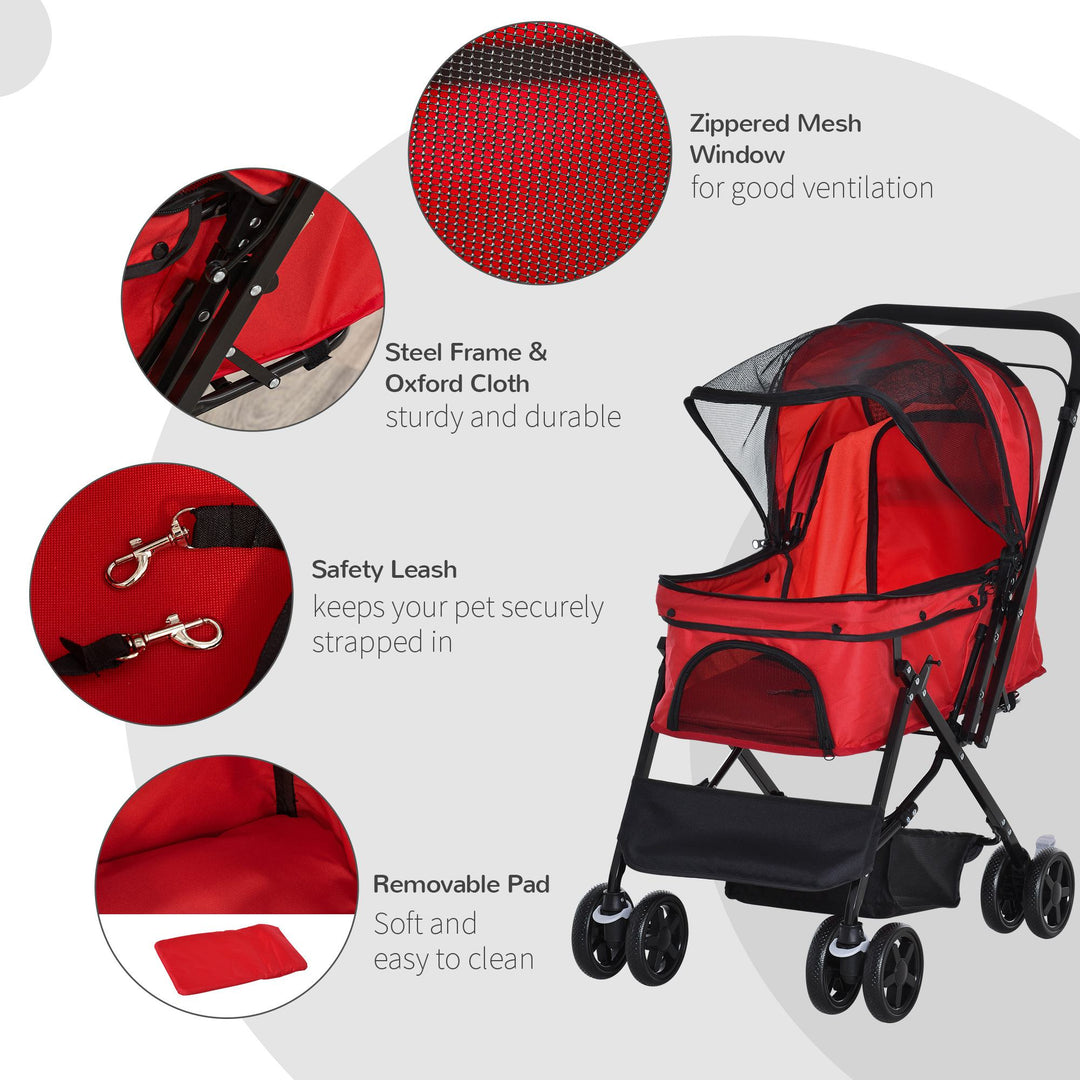 Pet Stroller Dog Travel Pushchair Foldable Jogger with Reversible Handle EVA Wheel Brake Basket Adjustable Canopy Safety Leash Red