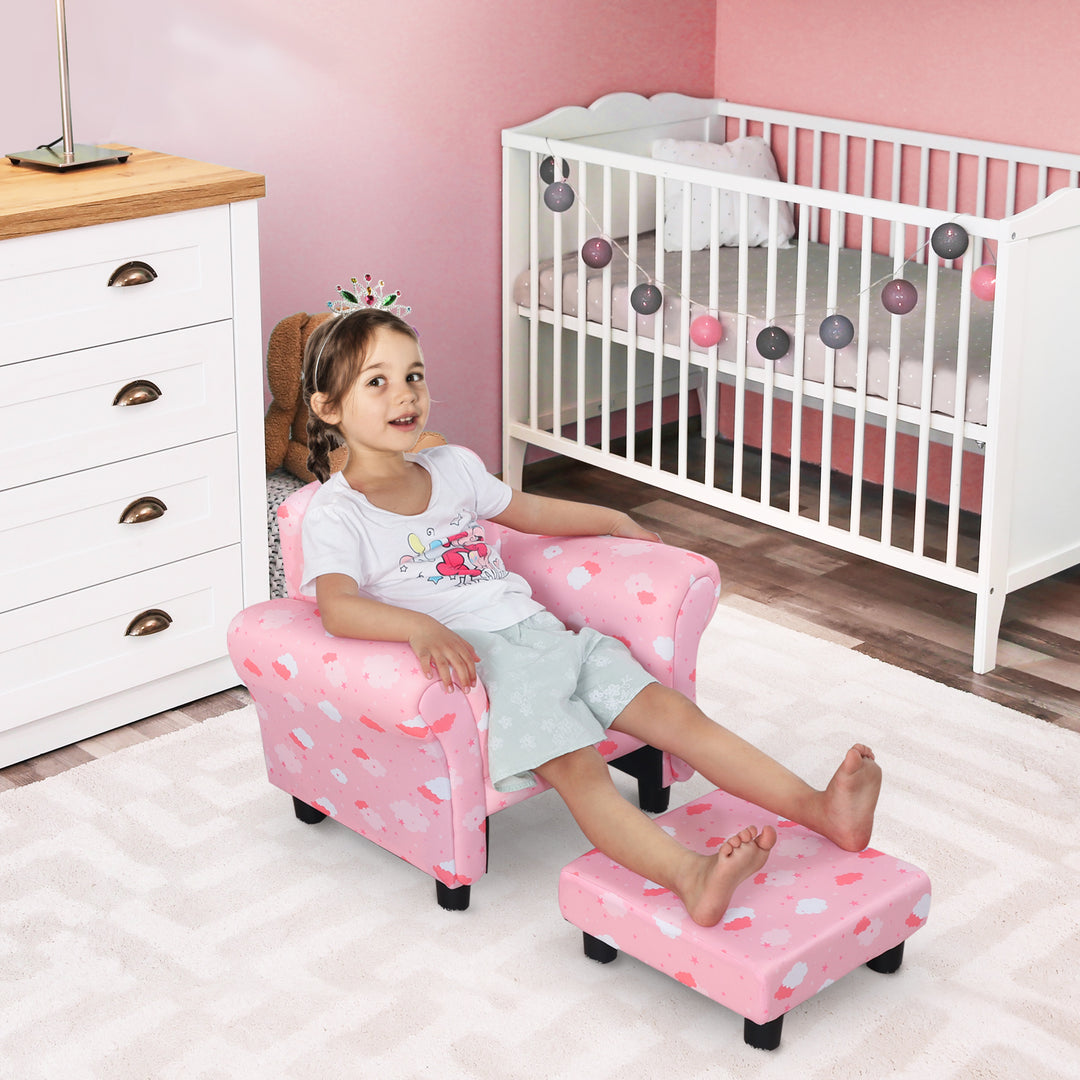 Kids Children Armchair Mini Sofa Wood Frame w/ Footrest Anti-Slip Legs High Back Arms Bedroom Playroom Furniture Cute Cloud Pink