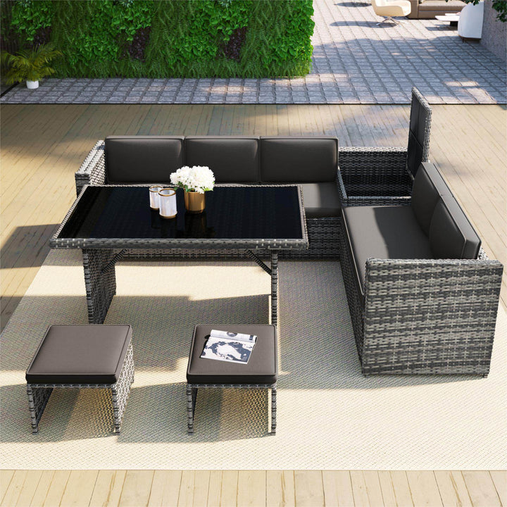 7 Seater Rattan Garden Patio Corner Sofa Set with Glass Topped Table