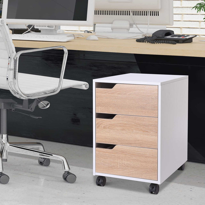 MDF Mobile File Cabinet pedestal with 3 Drawers Lockable Casters Oak and White