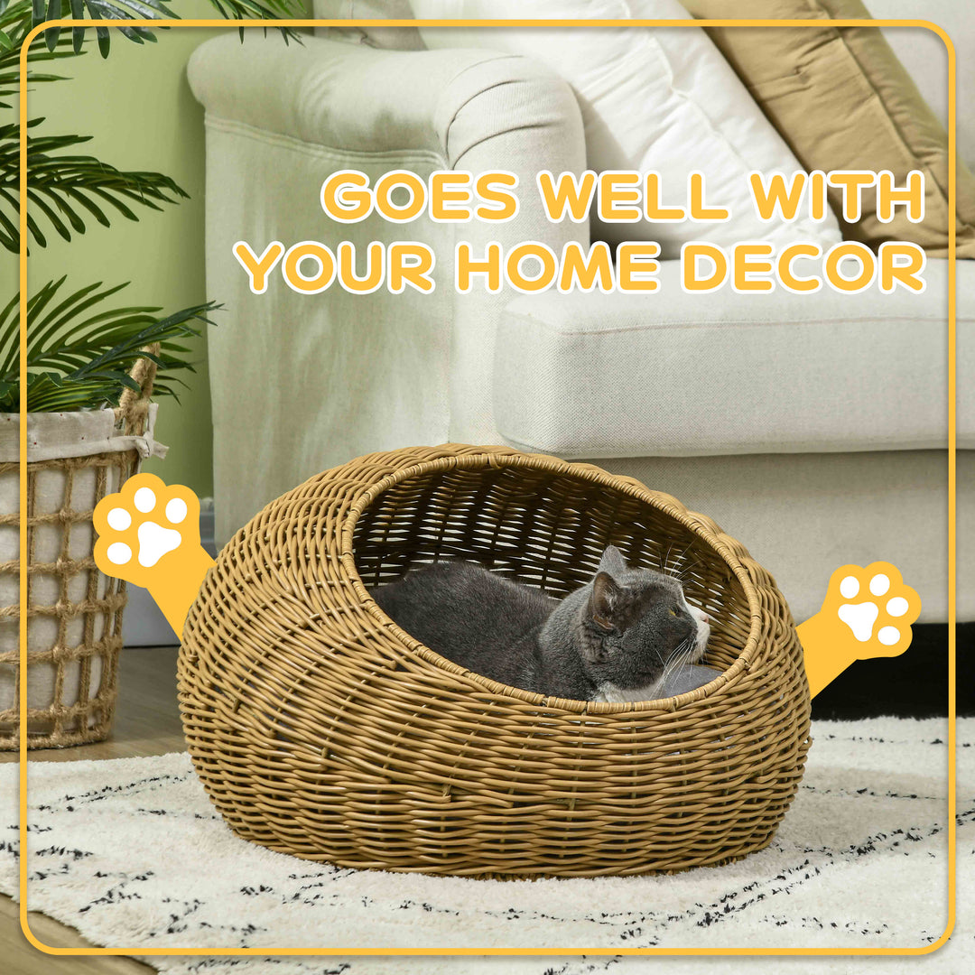 Wicker Cat House with Washable Cushion for Indoor Cats