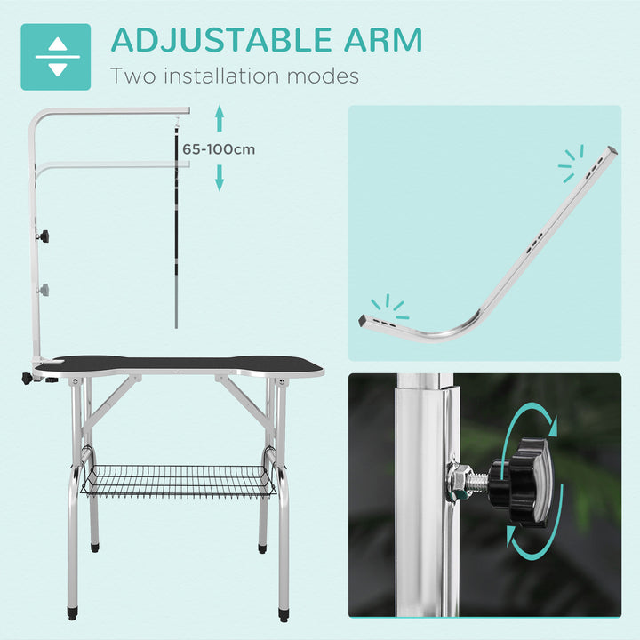 Foldable Pet Grooming Table Dog Drying Table w/ Adjustable Arm Non-Slip Rubber Tabletop Aluminium Alloy Edge Stainless Steel