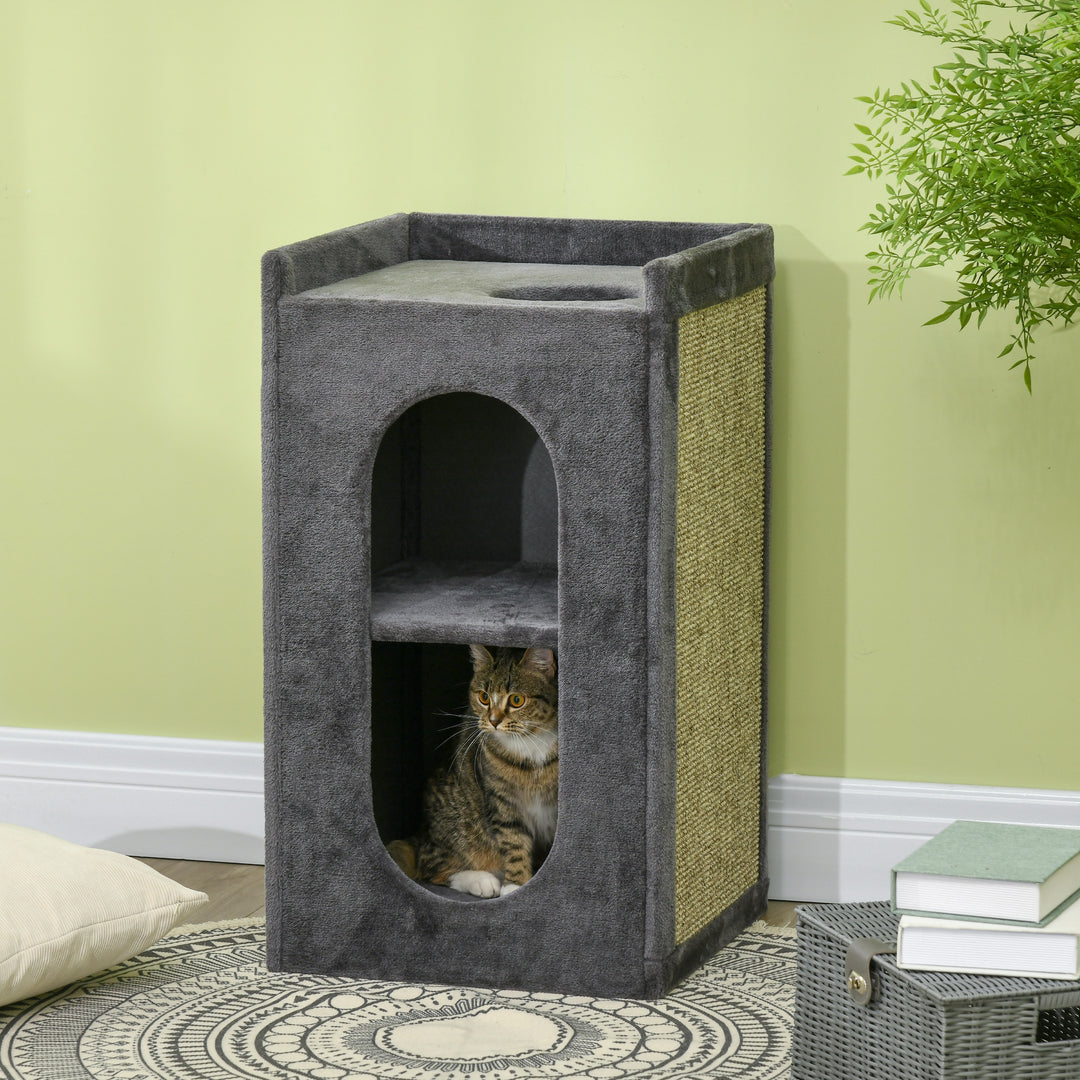 Feline Playground: Dual-Level Cat Condo with Scratching Barrel