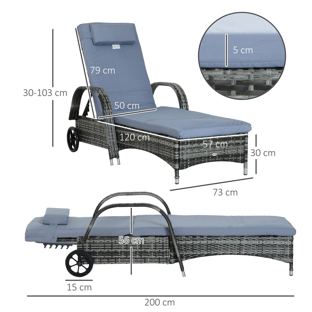 Garden Rattan Furniture Single Sun Lounger Recliner Bed Reclining Chair Patio Outdoor Wicker Weave Adjustable Headrest - Grey