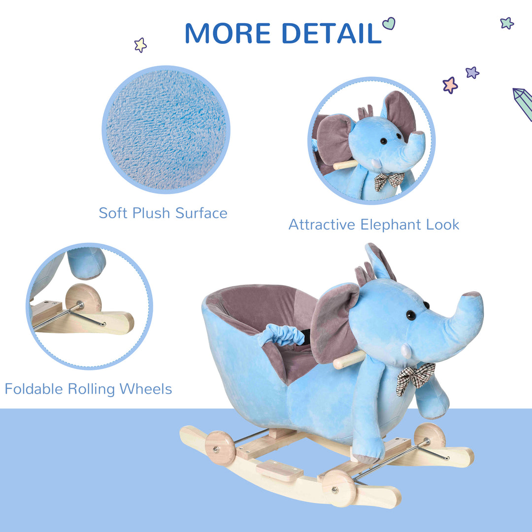 2 In 1 Plush Baby Ride on Rocking Horse Elephant Rocker with Wheels Wooden Toy for Kids 32 Songs (Blue)