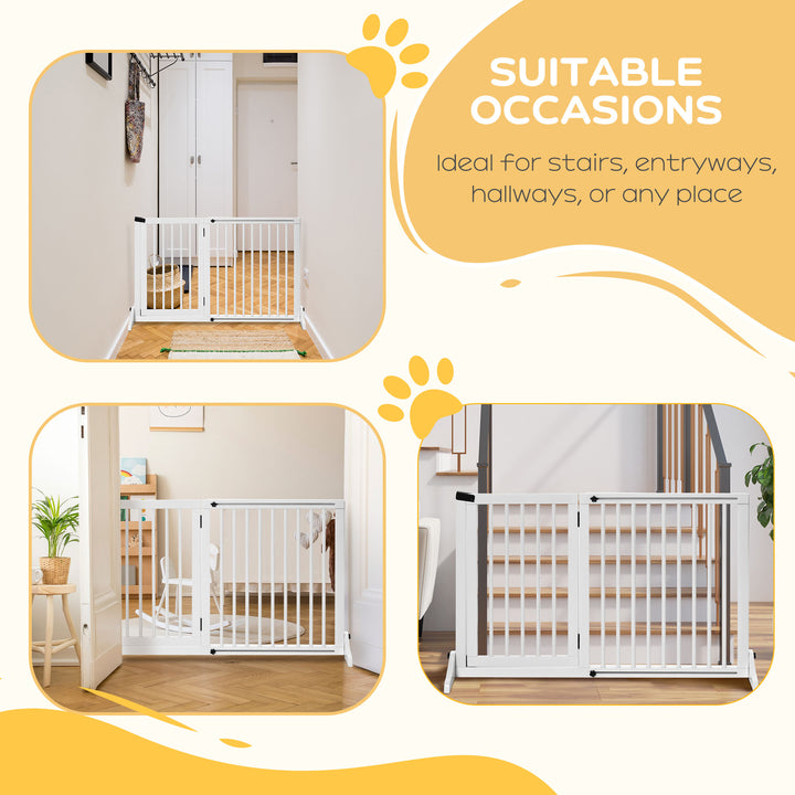 Adjustable Wooden Pet Gate Freestanding Dog Barrier Fence Doorway 3 Panels Safety Gate w/ Lockable Door White 71H x 113-166W cm