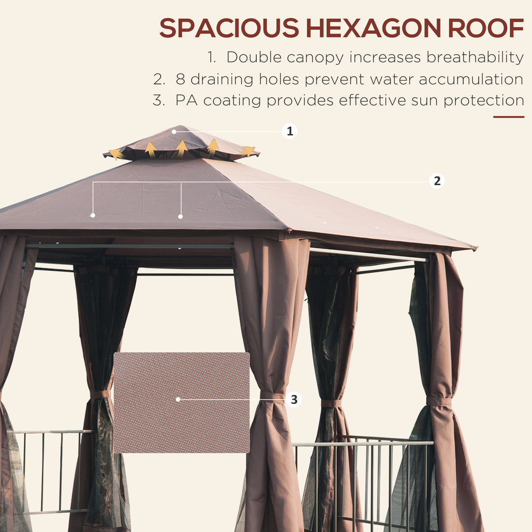 Waterproof Hexagon Gazebo Patio Canopy Party Tent Outdoor Garden Shelter w/ 2 Tier Roof & Side Panel - Brown