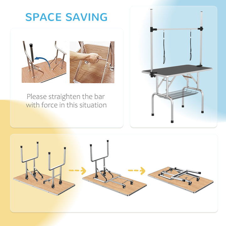 Adjustable Dog Grooming Table Rubber Top 2 Safety Slings Mesh Storage Basket Heavy Metal Black 107 x 60 x 170cm