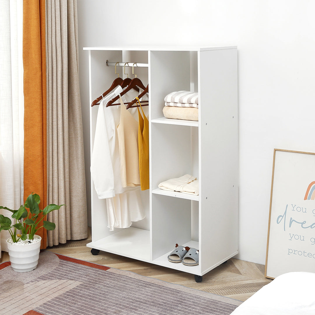 HOMCOM Open Wardrobe with Hanging Rail and Storage Shelves w/Wheels Bedroom-White