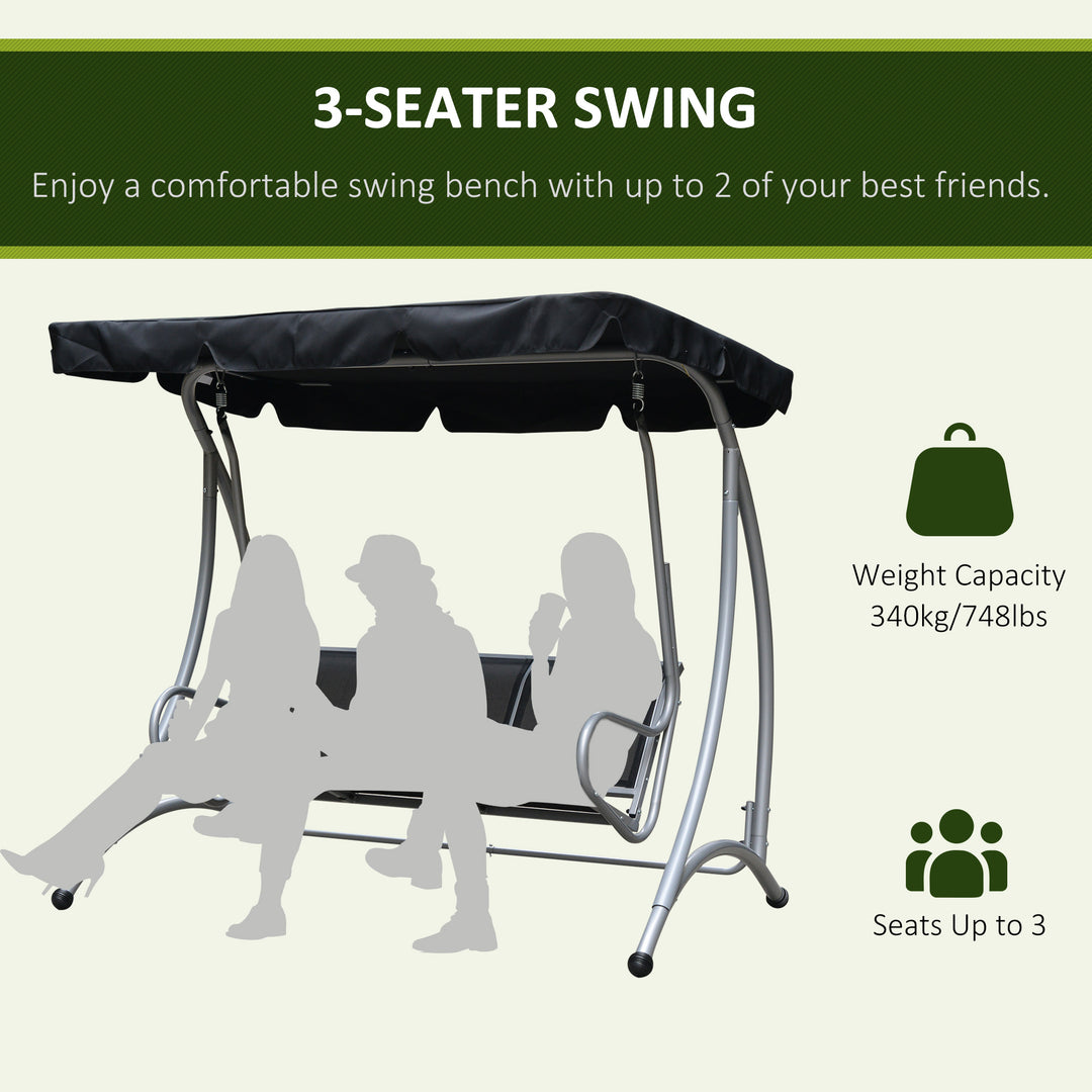 3 Seater Bench Steel Outdoor Patio Porch Swing Chair with Adjustable Canopy - Black