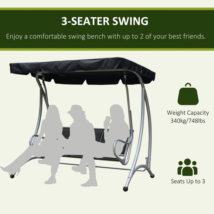 3 Seater Bench Steel Outdoor Patio Porch Swing Chair with Adjustable Canopy - Black