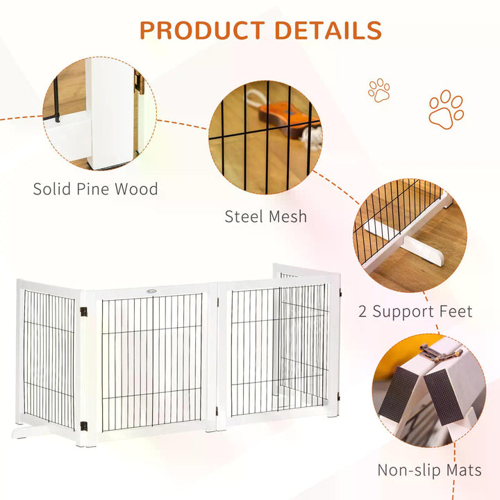 Dog Gate Wooden Foldable Small & Medium-Sized Pet Gate 4 Panel w/ Support Feet Pet Fence Safety Barrier for House Doorway Stairs