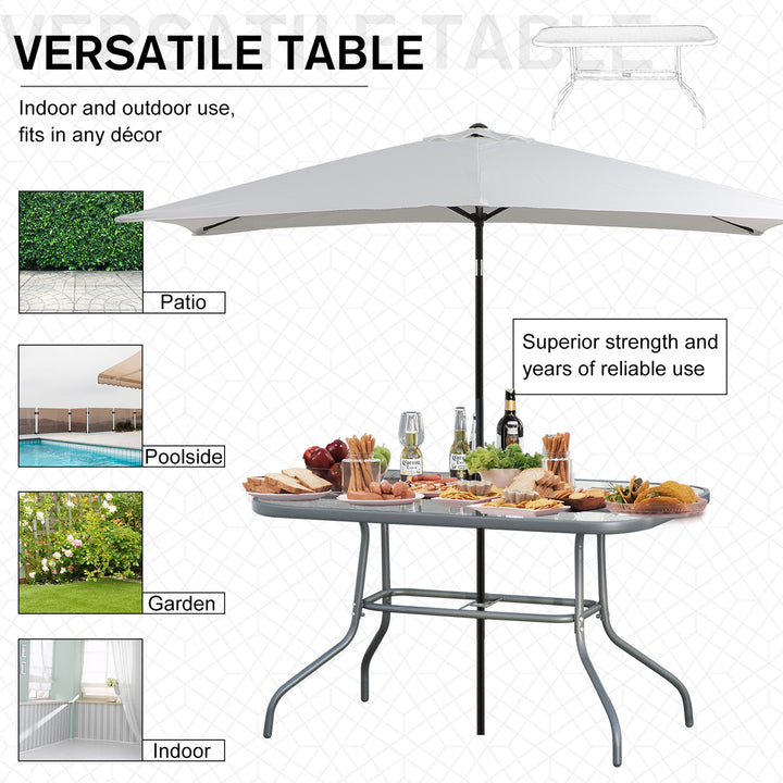 Aquatex Glass Garden Table Curved Metal Frame w/ Parasol Hole 4 Legs Outdoor Dining Sturdy Balcony Friends Family Tempered Grey