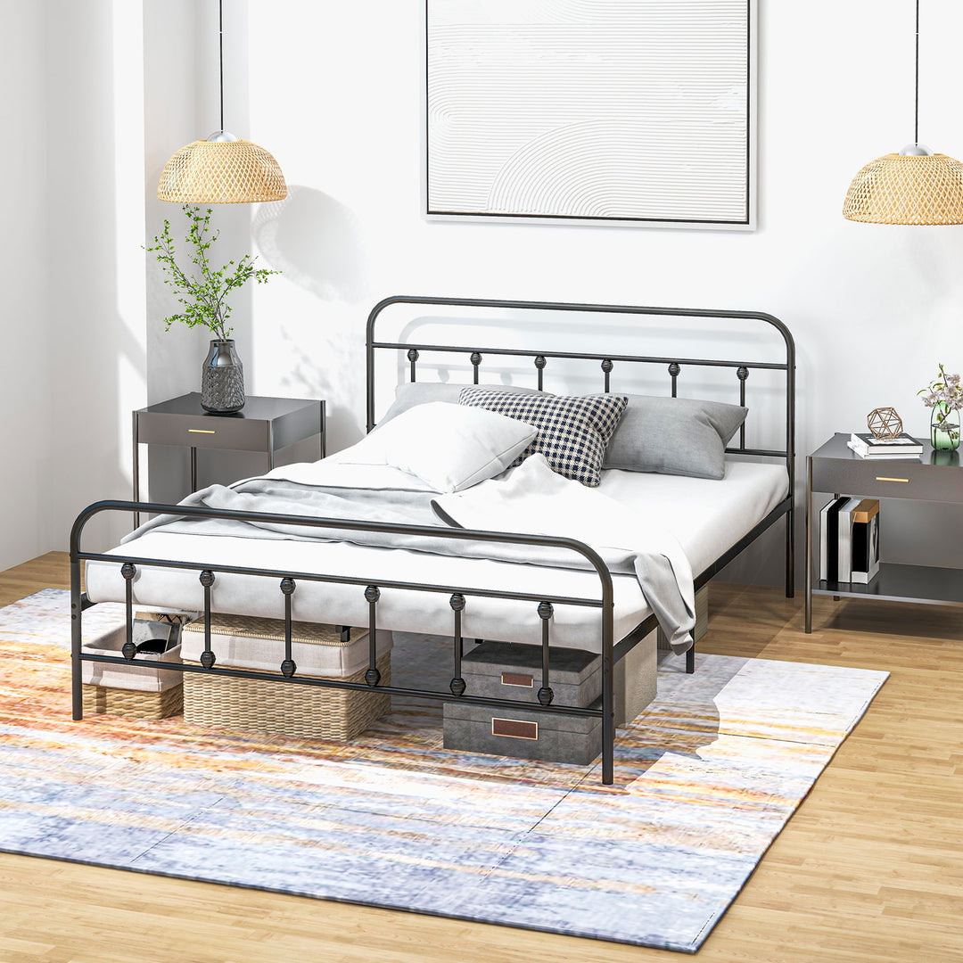 4ft Double Platform Bed Frame with Underbed Storage Tall Headboard Steel Slat No Box Spring Needed Easy Assembly Black