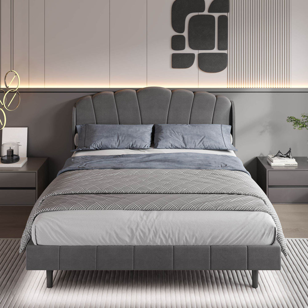 King Size Velvet Fabric Upholstered Bed with Body-Sensing LED Lights and Wood Slatted Frame