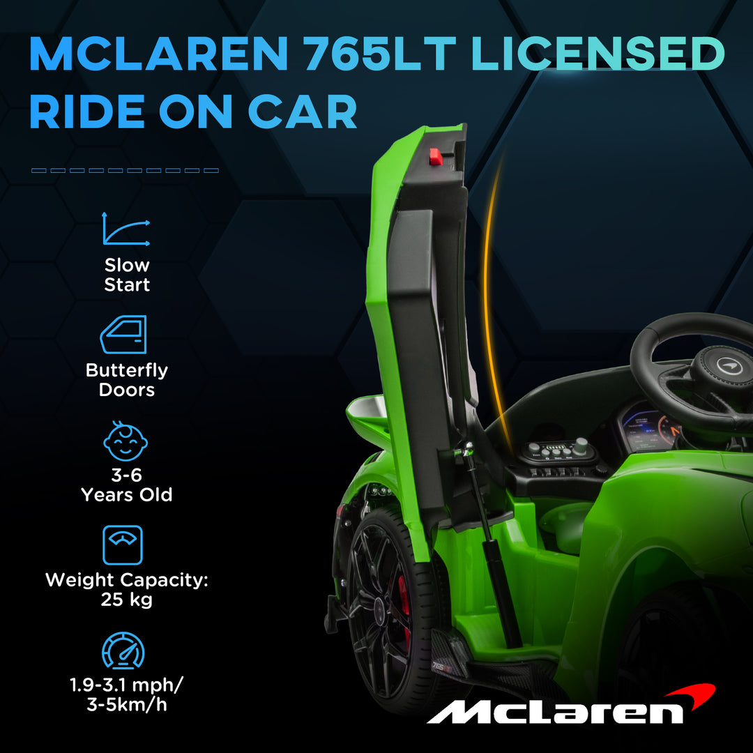 McLaren 765LT Licensed 12V Kids Electric Ride on Car with Butterfly Doors Remote Control Training Wheels Green