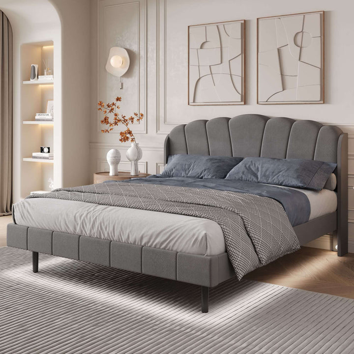 King Size Velvet Fabric Upholstered Bed with Body-Sensing LED Lights and Wood Slatted Frame