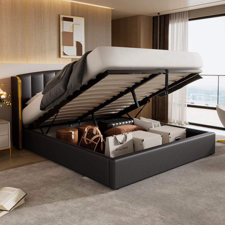 Double Stylish Upholstered Bed with Hydraulic Storage and Gold Edge Ear Design