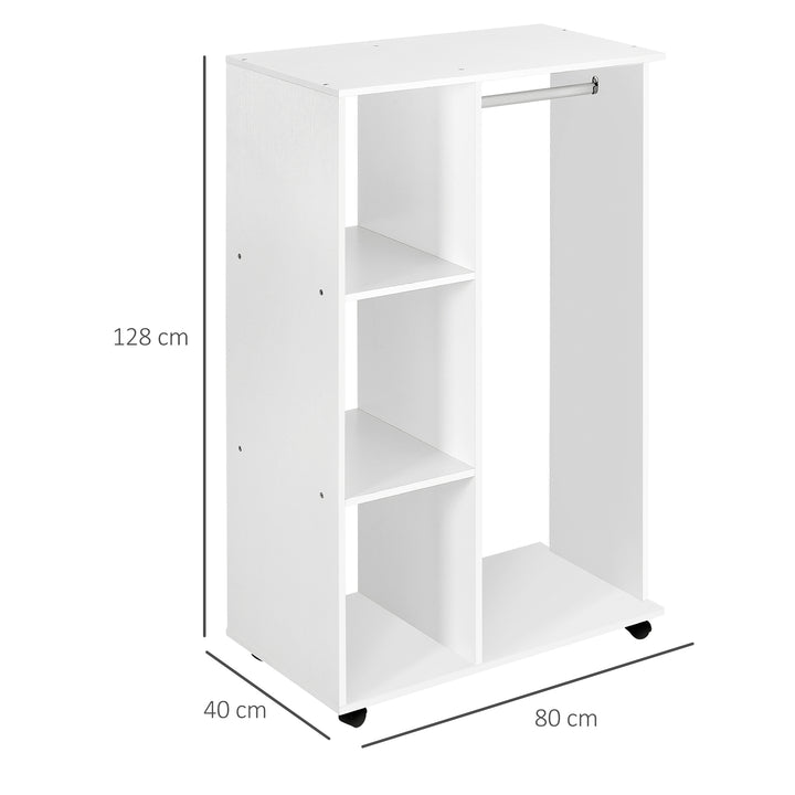 HOMCOM Open Wardrobe with Hanging Rail and Storage Shelves w/Wheels Bedroom-White