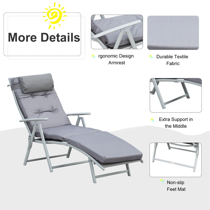 Outdoor Patio Sun Lounger Garden Texteline Foldable Reclining Chair Pillow Adjustable Recliner with Cushion - Grey