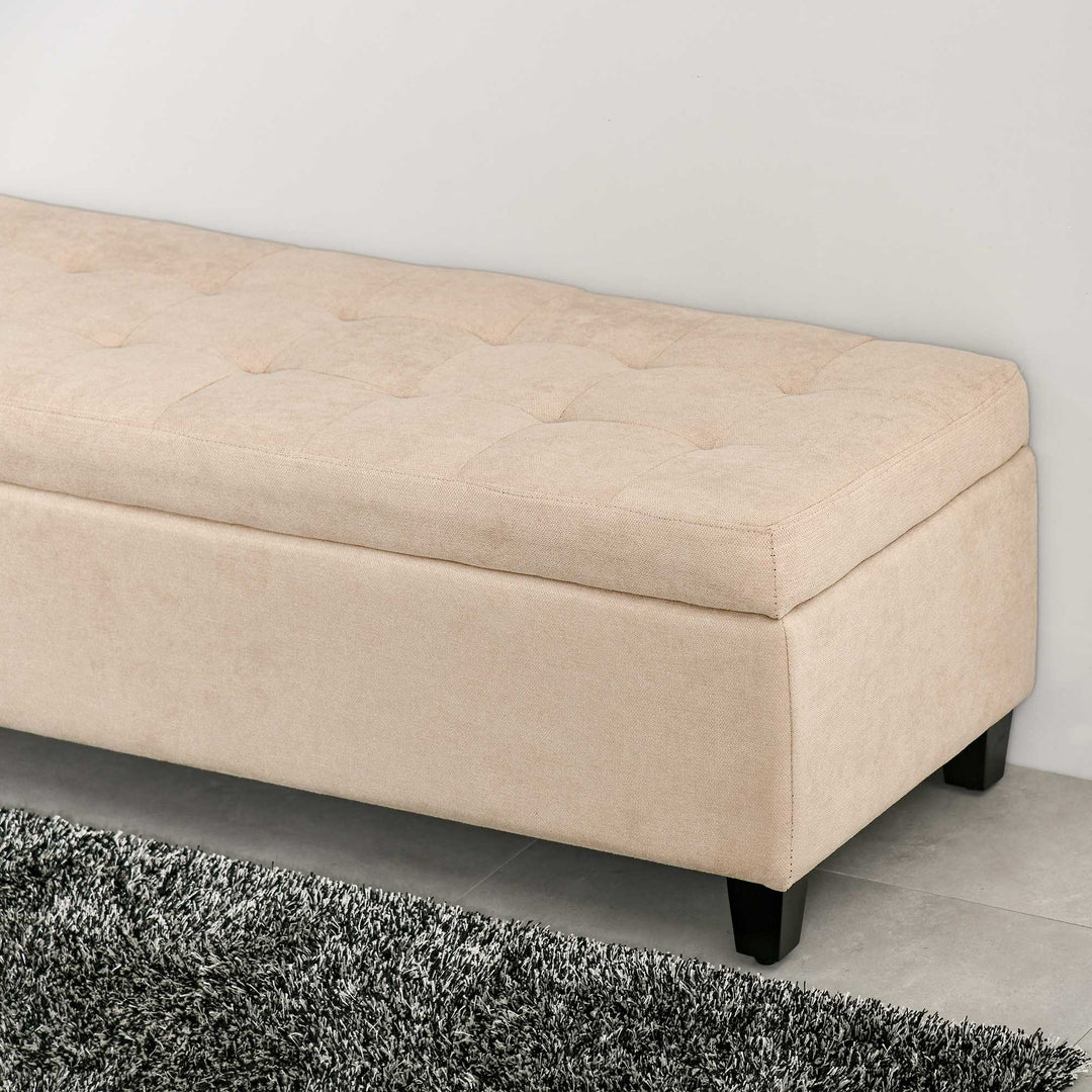 HOMCOM Linen Ottoman Storage Bench, Padded Footrest with Tufted Design, Hinged Lid, Beige