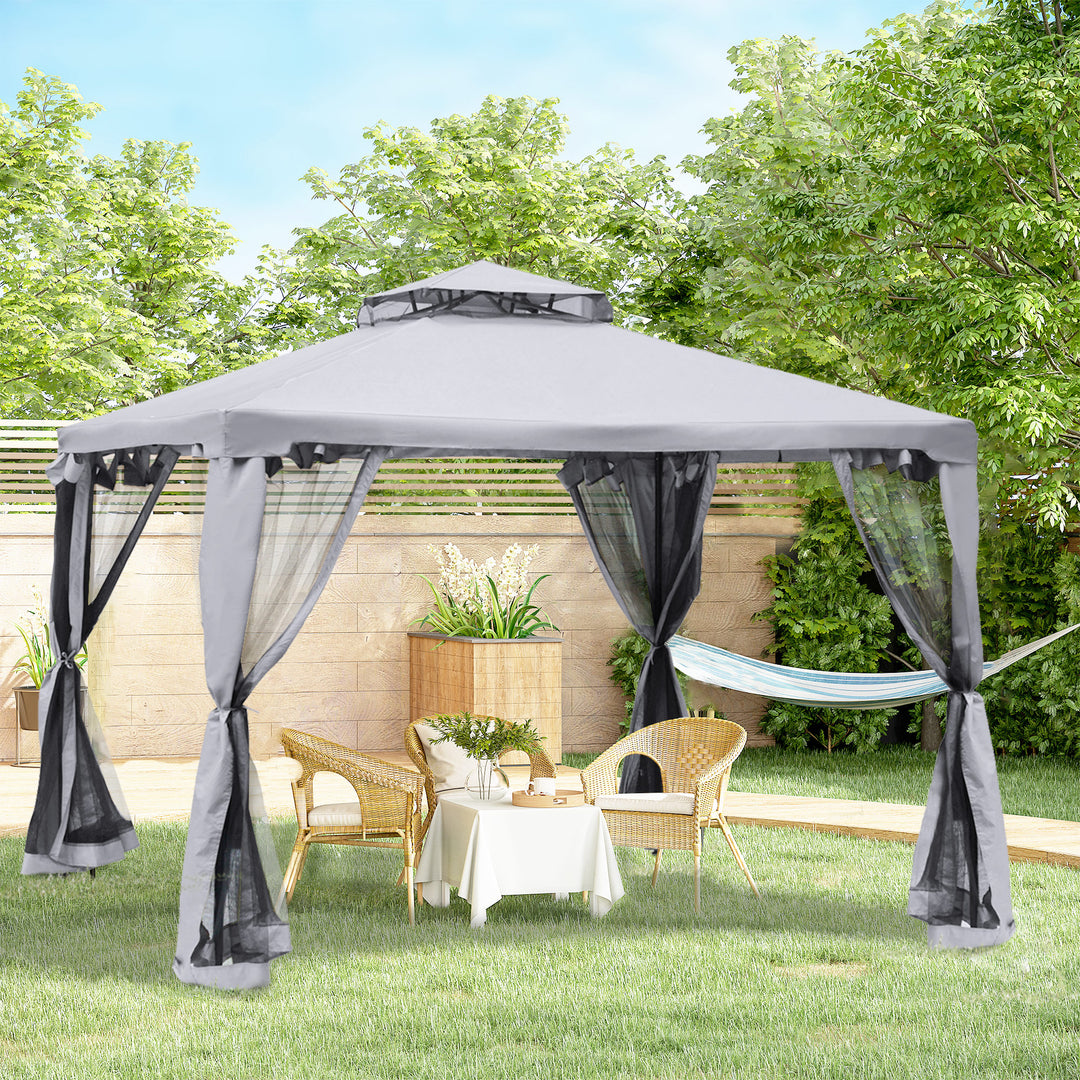 Waterproof 3 x 3 Meter Metal Gazebo Garden Outdoor 2-tier Roof Marquee Party Tent Canopy Pavillion Shelter w/ Netting - Grey