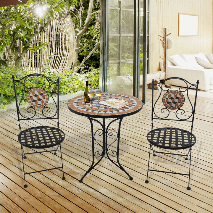 3 PCs Garden Mosaic Bistro Set Outdoor Patio 2 Folding Chairs & 1 Round Table Outdoor Metal Furniture Vintage