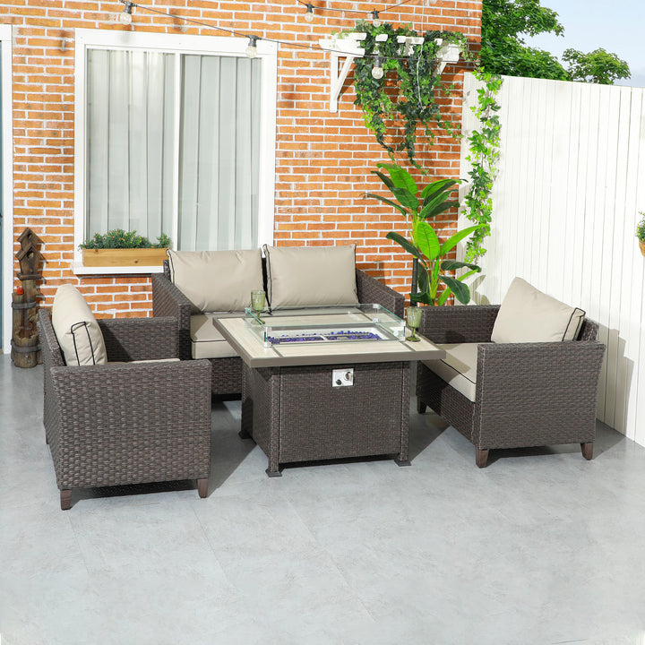 5-Piece Rattan Patio Furniture Set with Gas Fire Pit Table