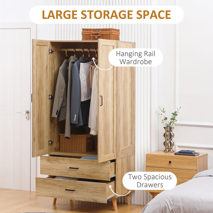 HOMCOM 2 Door Wardrobe with 2 Drawers, Natural