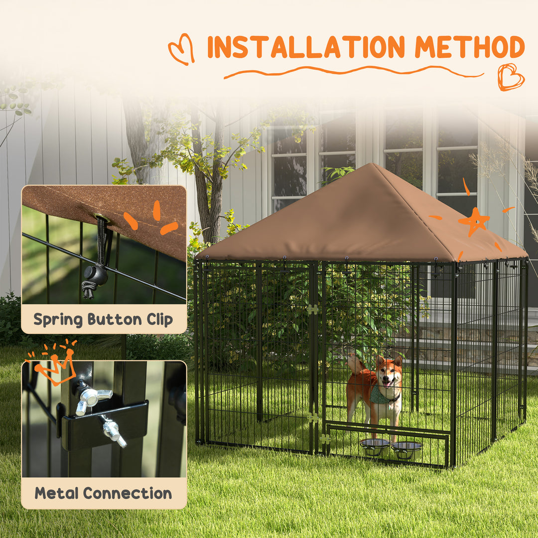 Outdoor Dog Kennel Puppy Play Pen with Canopy Garden Playpen Fence Crate Enclosure Cage Rotating Bowl 141 x 141 x 151 cm