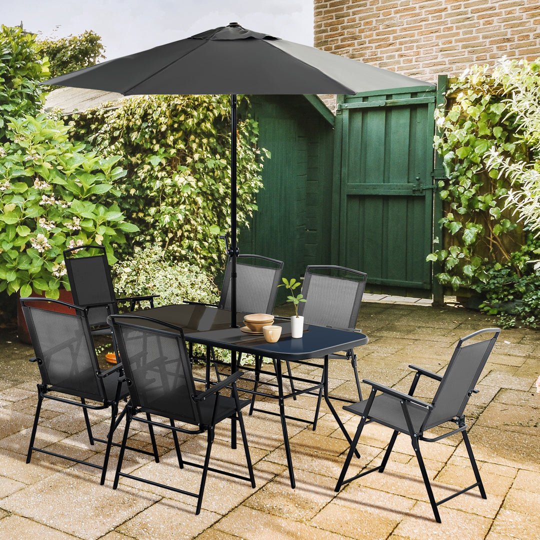 8 Pieces Metal Garden Furniture Set with Parasol and Folding Chairs