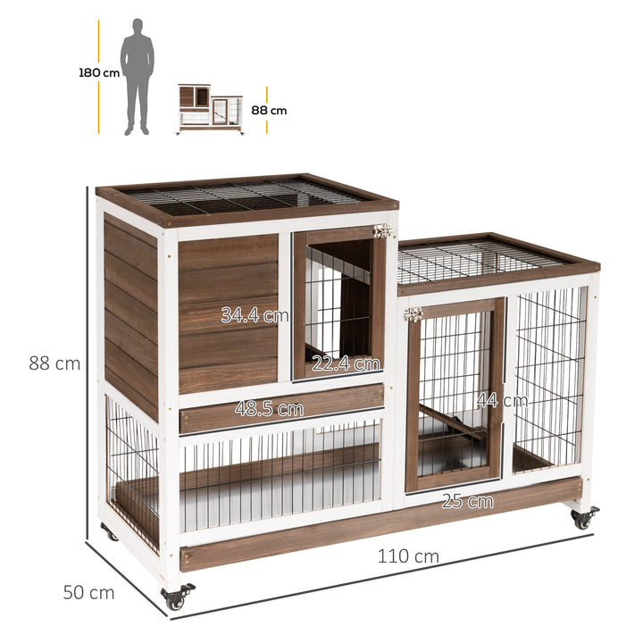 Wooden Indoor Rabbit Hutch Guinea Pig House Bunny Small Animal Cage W/ Wheels Enclosed Run 110 x 50 x 86 cm