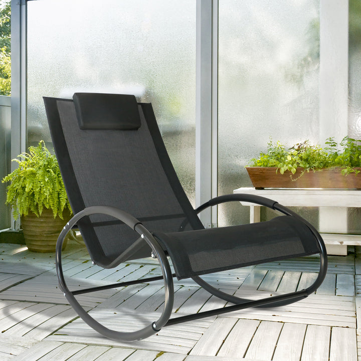 Rocking Chair Sun Lounger Recliner Rocker Texteline Fabric Patio Garden Relaxer with Pillow Black