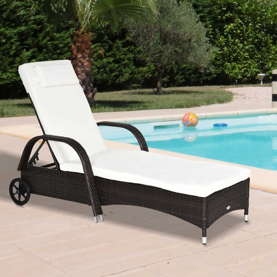 Adjustable Rattan Sun Lounger Garden Recliner Bed Reclining Chair w/ Removable Headrest & Thickened Cushion