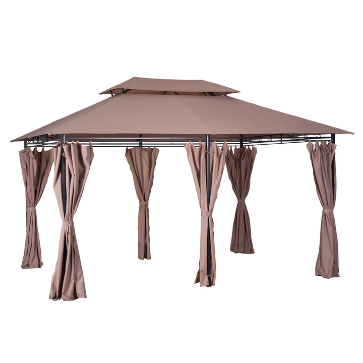 4m x 3(m) Metal Gazebo Canopy Party Tent Garden Pavillion Patio Shelter Pavilion with Curtains Sidewalls Brown