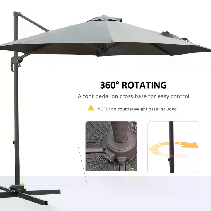 Waterproof 3(m) Patio Offset Parasol Roma Umbrella Cantilever Hanging Sun Shade Canopy Shelter 360° Rotation w/ Cross Base