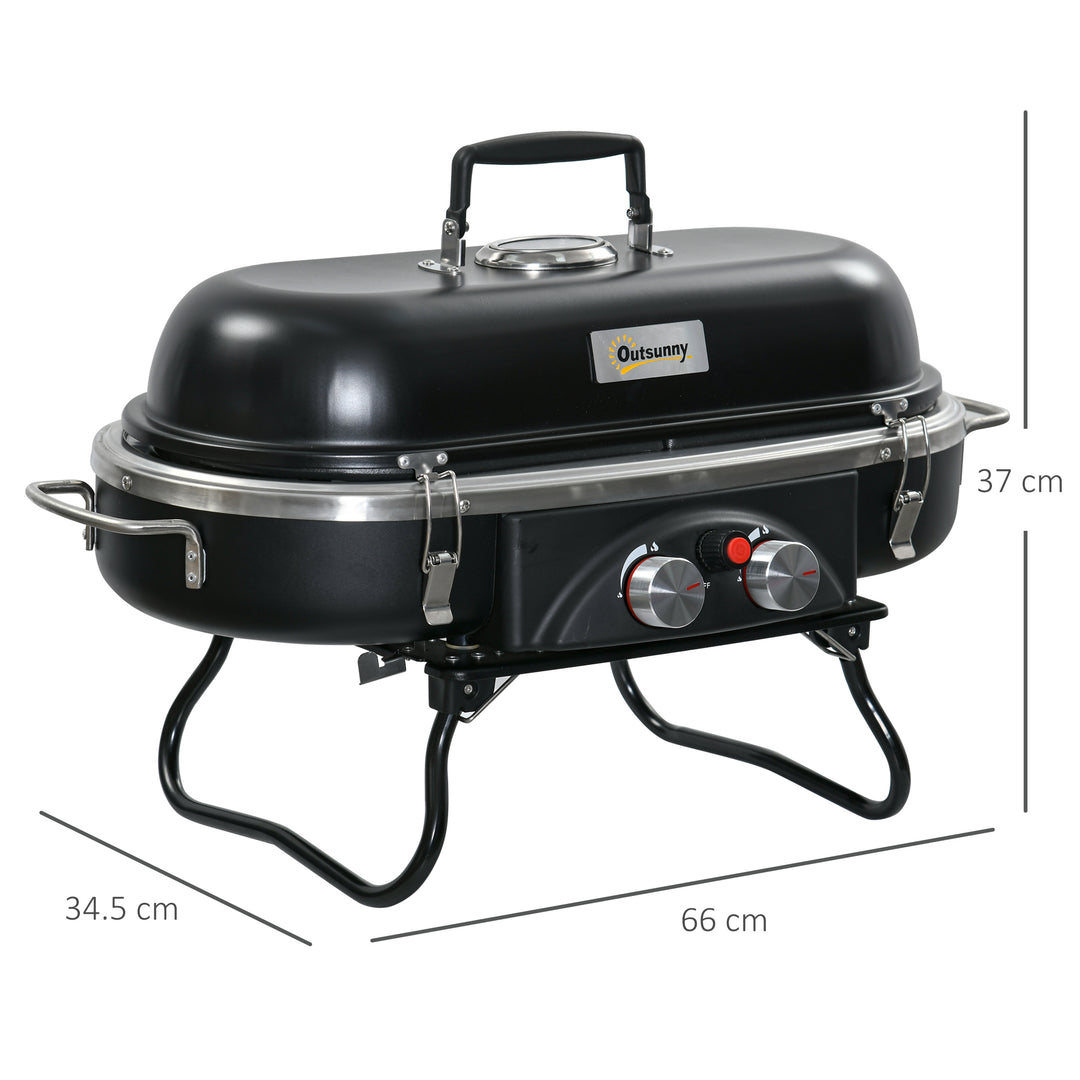 Foldable Gas BBQ Grill 2 Burner Table Top Barbecue w/ Lid Piezo Ignition Thermometer for Camping Picnic Cooking